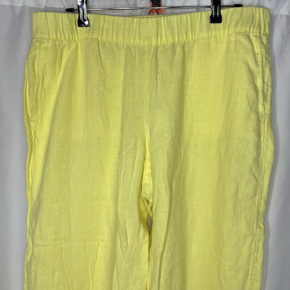 PURE J JILL Women’s Yellow Elastic Waist Cropped Wide Leg Pants Sz L 100% Linen